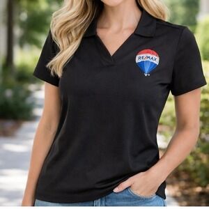 Nike Dri-FIT RE/MAX M Golf Womens Polo Shirt Black V-Neck Activewear Embroidered